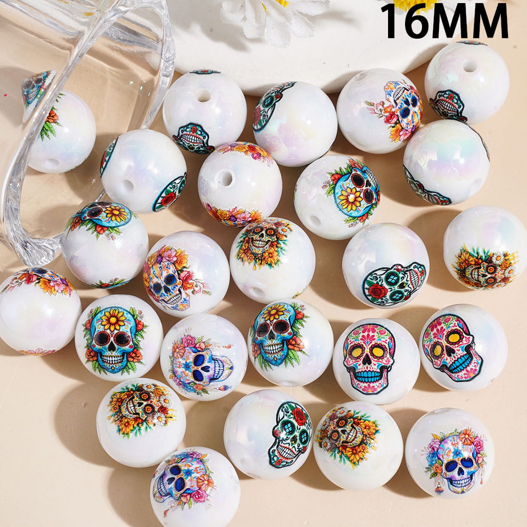 UV Coating Day of the Dead Head Skull with Flower Hellowen Theme Round Acrylic Beads for Bracelets, 16MM, Random Mix