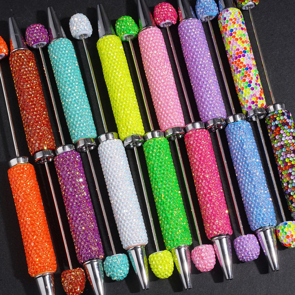 Beadable Clay Pens with Sparkling Iridescent Rhinestones Covered the Entire Pens, Silver Metal Ring, Multi-Color