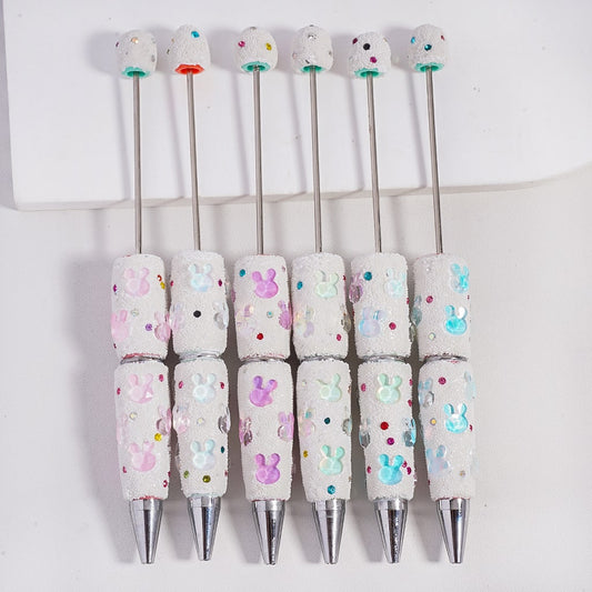 Cute Bunny Heads with Rhinestones & Snow Ball Covering Beadable Clay Pen Random Mix
