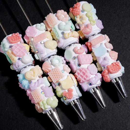 Cute Dessert Delicious Food Theme Beadable Clay Pens with Cake, Cookie, Candy & Flower Details, AB Rhinestones, Multi-Color Random Mix