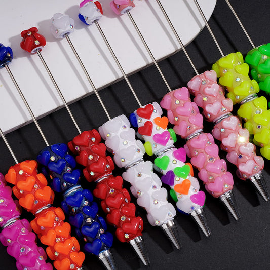 Vibrant Neon Plump Heart Design with Sparkling Rhinestones Multi-Color Beadable Clay Pens