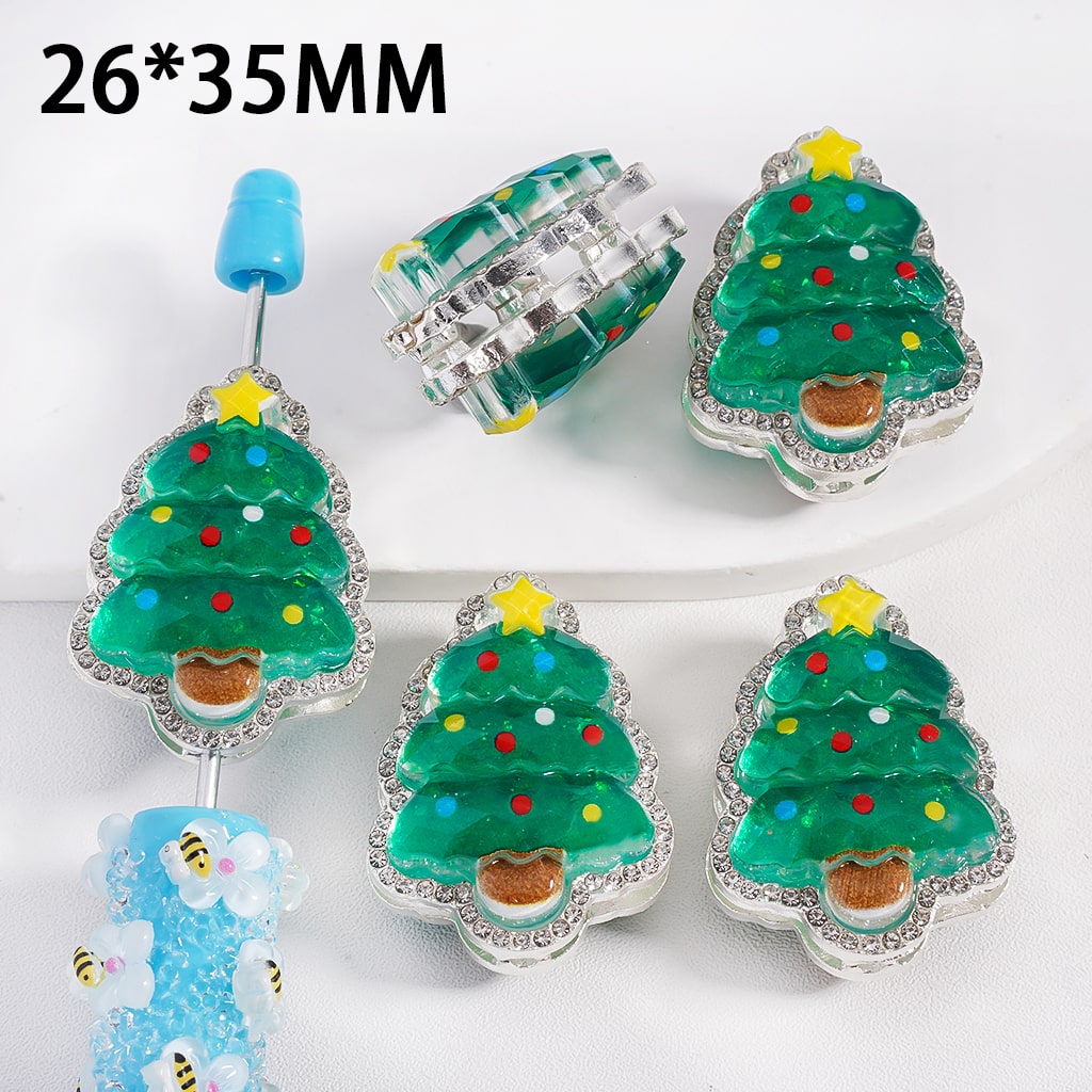 Green Christmas Trees with Clear Shiny Rhinestones Fancy Silver Alloy Beads 26*35 mm