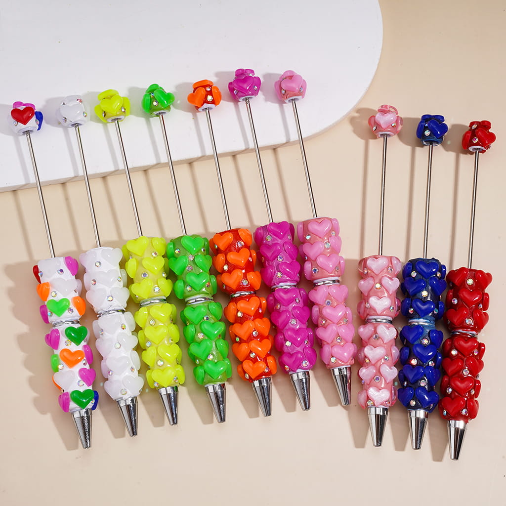 Beadable Clay Pens with Plump Hearts and Rhinestones, Neon, Multi-Color
