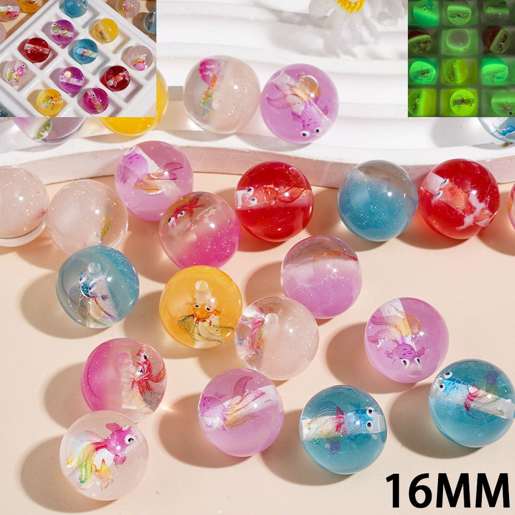Luminous Color Changing- Goldfish and Gold Glitter Semi-Clear, Round Acrylic Beads for Bracelets, 16MM, Random Mix