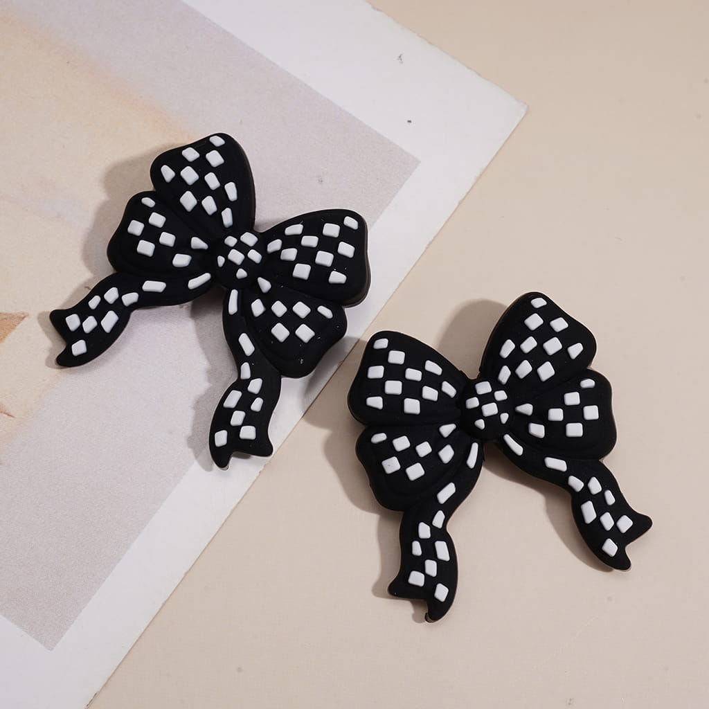 Silicone Focal Beads Bowtie Bowknot with White Checkered, Multi-Color