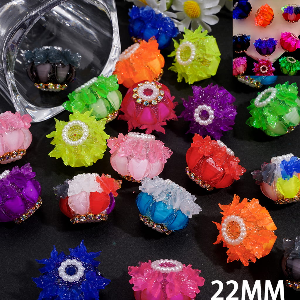 Handmade Acrylic Beads with Glittery Hearts & Luminous Butterflies, Gold Alloy Chains w AB Rhinestones & White Pearl Loop, Fluorescent, 22MM, Random Mix