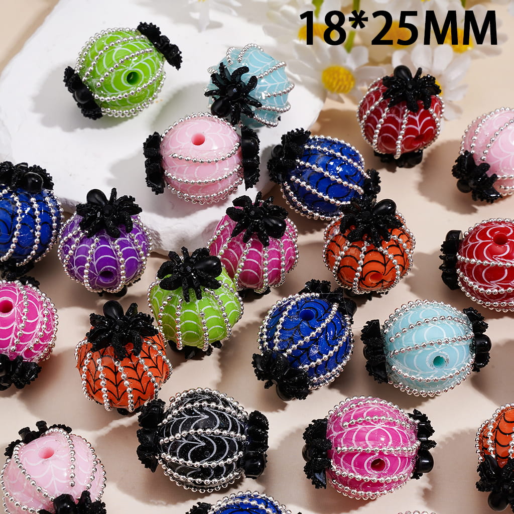 Handcrafted Halloween Acrylic Beads with Spider Web Texture & Black Spider on Both Side, Silver Alloy Chains, 18*25MM, Random Mix