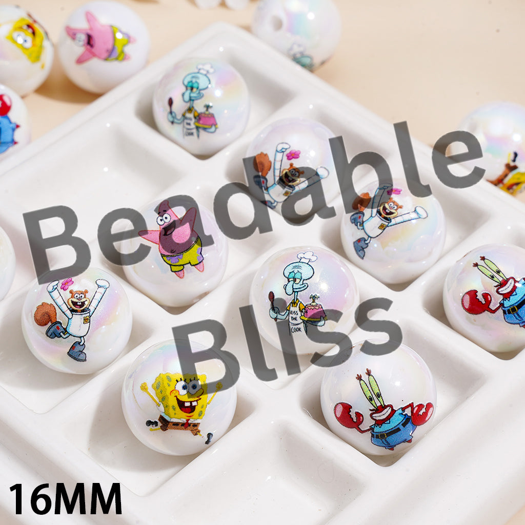 Acrylic Beads for Bracelets UV Coating with Yellow Sponge Baby Character Series  Prints, 16MM, Random Mix