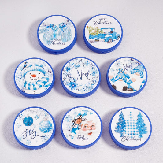 Winter Blue Christmas Serious with Different Designs, Flat Round Silicone Focal Beads Random Mix