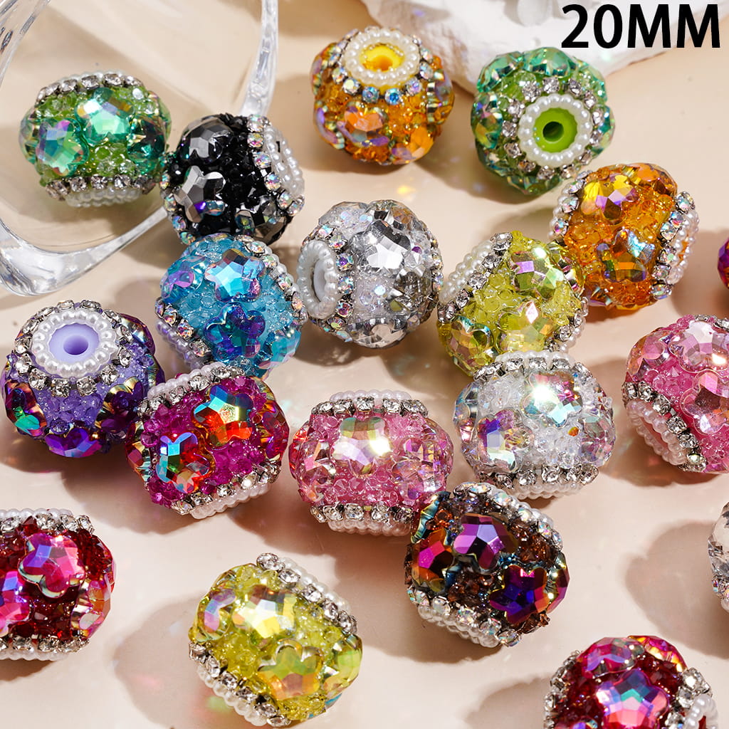 Hand-Made Acrylic Sugar Beads with Dazzling Flowers, Clear Rhinestones and White Pearl Chains, 20MM, Random Mix