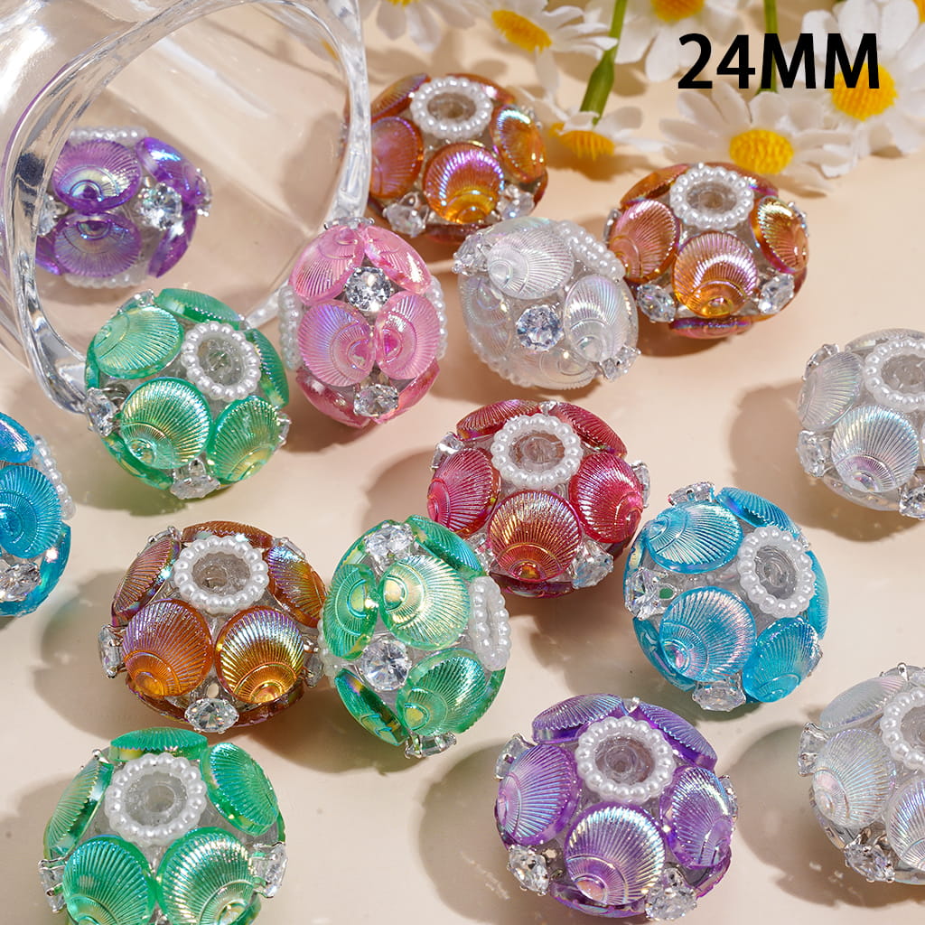 Hand-Made Flying Saucer Acrylic Beads w Round Seashell and White Pearl Chains, Silver Alloy Claw Setting w Clear Rhinestones, 24MM, Random Mix