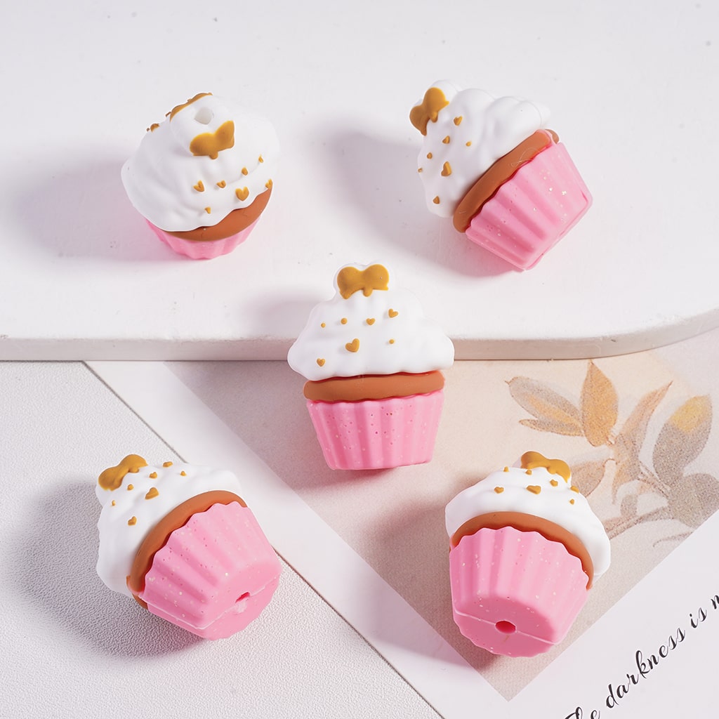 3D Cupcake Charm with Gold Hearts & Bowtie Silicone Focal Bead