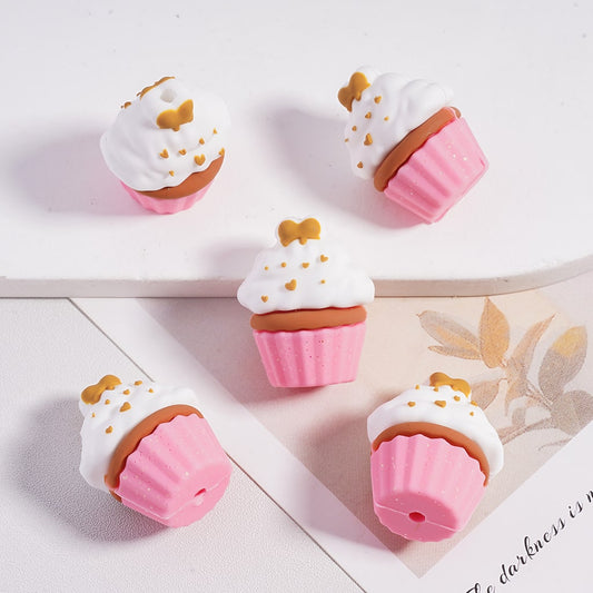 3D Cupcake Charm with Gold Hearts & Bowtie Silicone Focal Bead