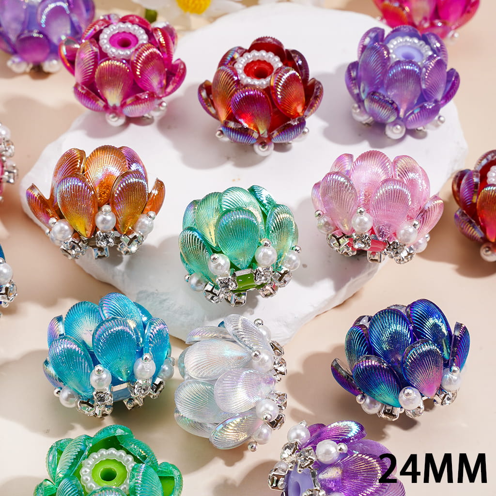 Hand-Made Lotus Acrylic Beads w UV Coated Shell Petal, Silver Metal Chains w Clear Rhinestones & White Pearls, 24MM, Random Mix