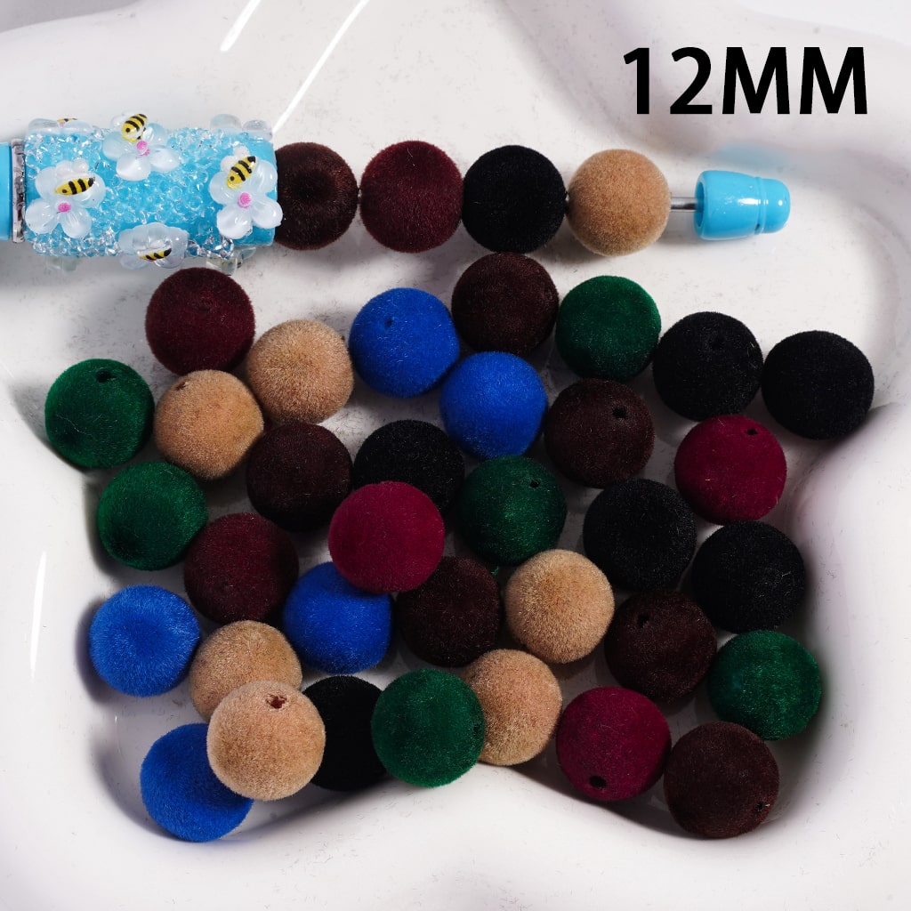 Fluffy Flocked Dark Solid Multi-Colors Round Acrylic Beads Random Mix, 12MM