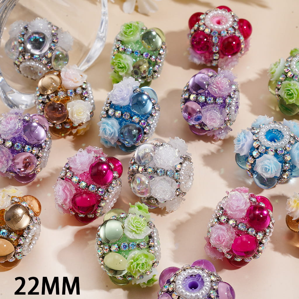 Handmade Acrylic Sugar Beads w Rose Flower & Half-Shell Rhinestones, Gun Black Metal Chains w AB Rhinestones & White Pearl Loop, 22MM, Random Mix