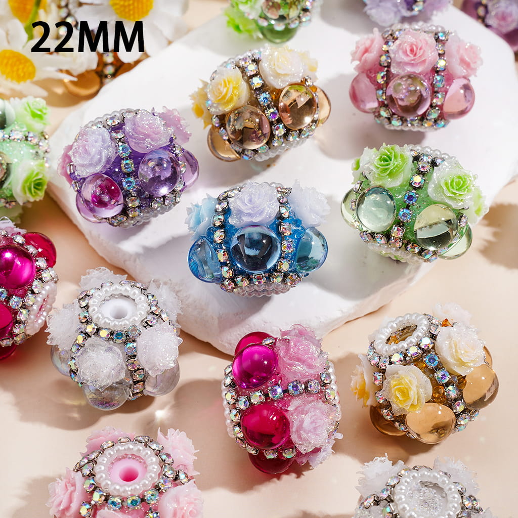 Handmade Acrylic Sugar Beads w Rose Flower & Half-Shell Rhinestones, Gun Black Metal Chains w AB Rhinestones & White Pearl Loop, 22MM, Random Mix