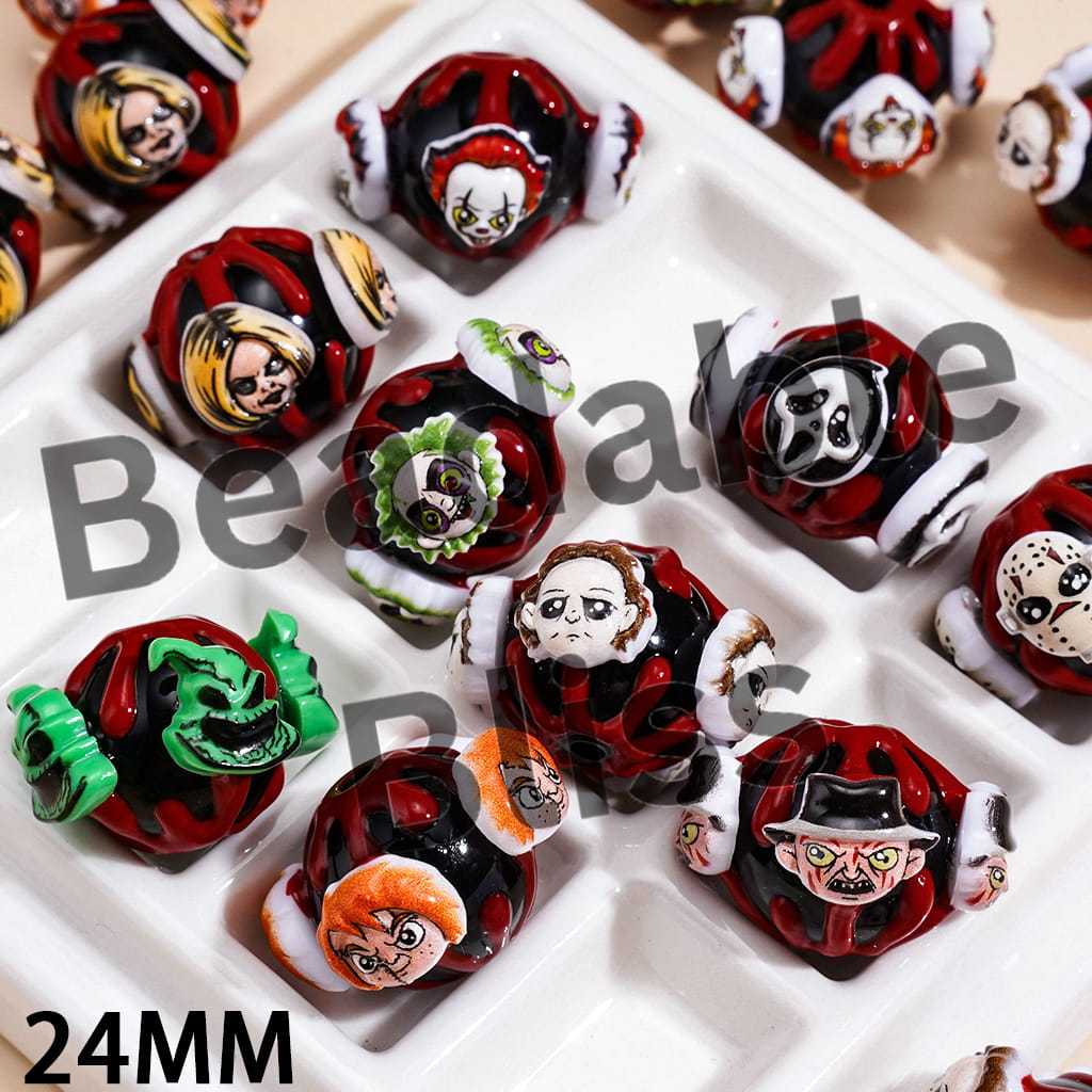 Handcrafted Acrylic Beads with Halloween Horror Character Series and Red Liquid, 24MM, Random Mix