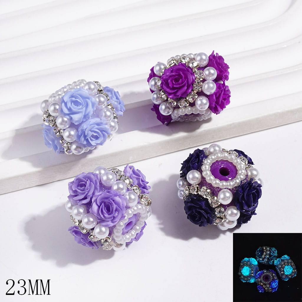 Luminous Adorable Rose Flower with Clear Rhinestone Chains and White Pearls Acrylic Beads, 23MM, Assorted Color Styles