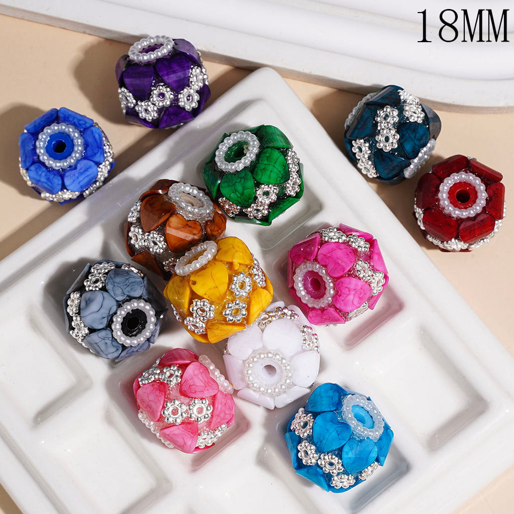 Handmade Acrylic Beads Heart Shape Rhinestone with Texture and Silver Flower, White Pearl Chains, 18MM Multi-Color Random Mix