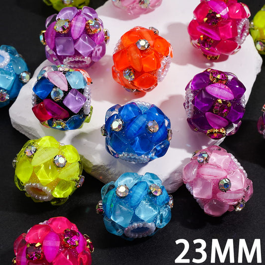 Vibrant Neon Square & Leaf Pattern Rhinestone with White Pearl Chains & Gold Metal Claw Setting, Handmade Acrylic Beads 23MM Random Mix