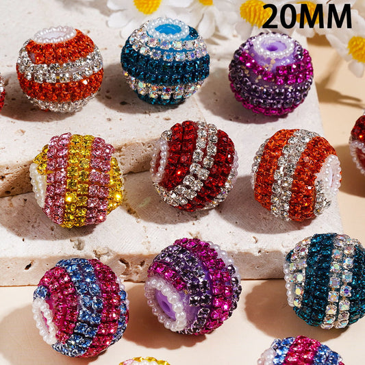 Double-Color Spiral Stripe Rhinestone Chain Round Handmade Acrylic Beads with White Pearl Loop, 20MM, Multi-Color Random Mix