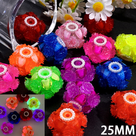 Luminous Rose Flower & Heart Rhinestone with Shiny White Pearl Chains, Fluorescent Colors Handmade Acrylic Beads 25MM Random Mix