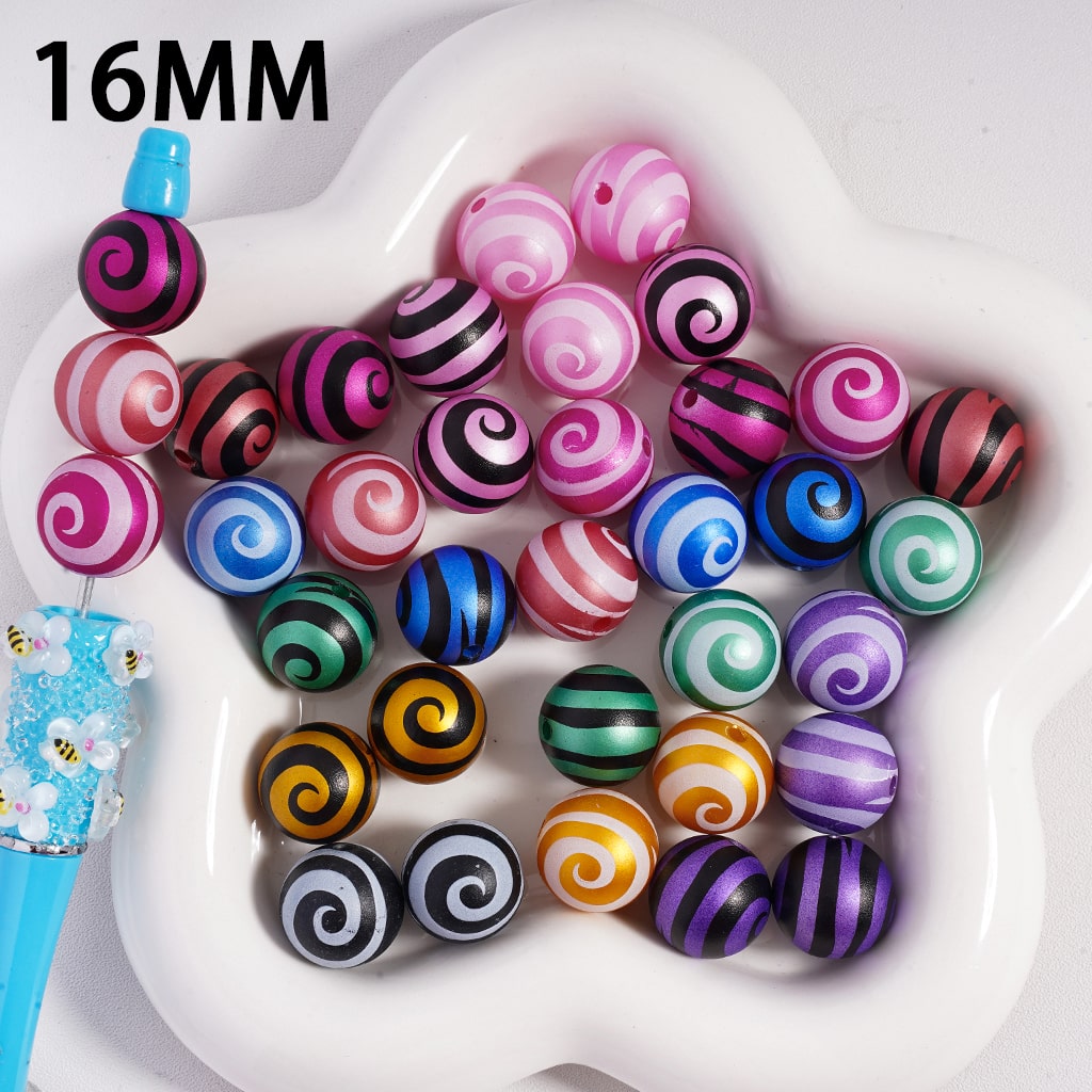 Frosted Matte with Lollipop Swirl Stripes Multi‑Color Round Acrylic Beads 16mm