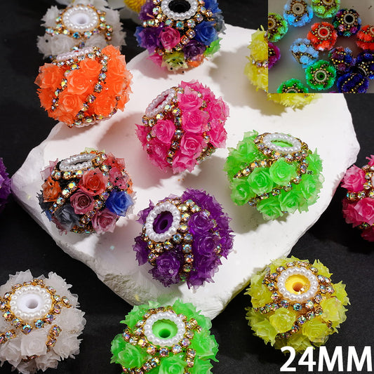 Luminous Soft Rose Flower Design with AB Rhinestone Chains & White Pearl Loop Neon Colors, Handmade Acrylic Beads 24MM Random Mix