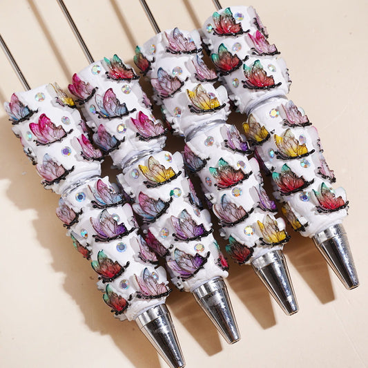 Cute Gradient Colorful Assorted Butterfly Design Beadable Clay Pens with AB Rhinestones, Multi-Color Random Mix