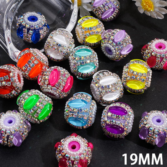 Luminous Rose Flower Design with Heart-Shaped Rhinestones & Shiny White Pearl Chains, Fluorescent Colors Handmade Acrylic Beads 25MM Random Mix
