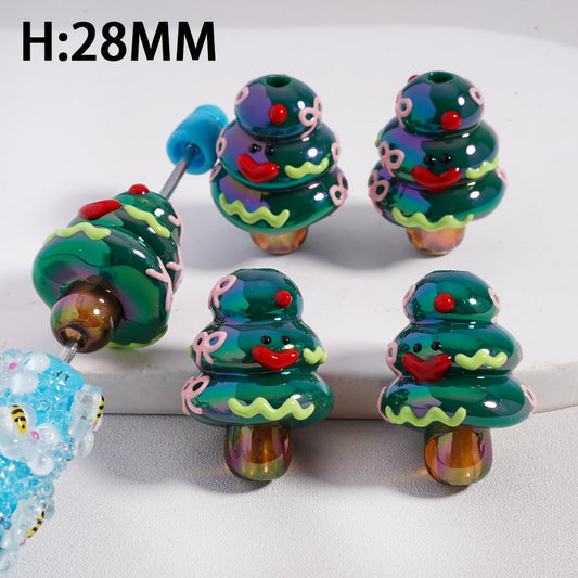 UV Coating Green Christmas Tree Acrylic Beads with Pink Bowtie Red Heart Green Wave Line Height 28MM