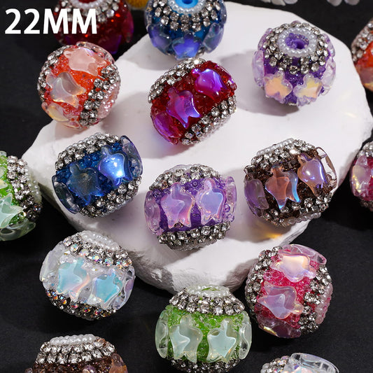 Sparkling Flat Star Bud Shaped Rhinestones with Gun Black Metal Chains, Clear Rhinestones & White Pearl Loop, Handmade Acrylic Beads 22MM Random Mix