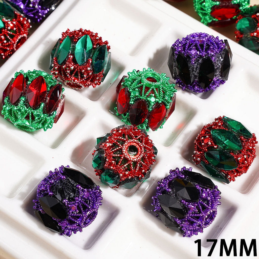 17MM - Acrylic Beads with Metal Base and Marquise Cut Rhinestones, Christmas and Halloween Theme, Multi-Color