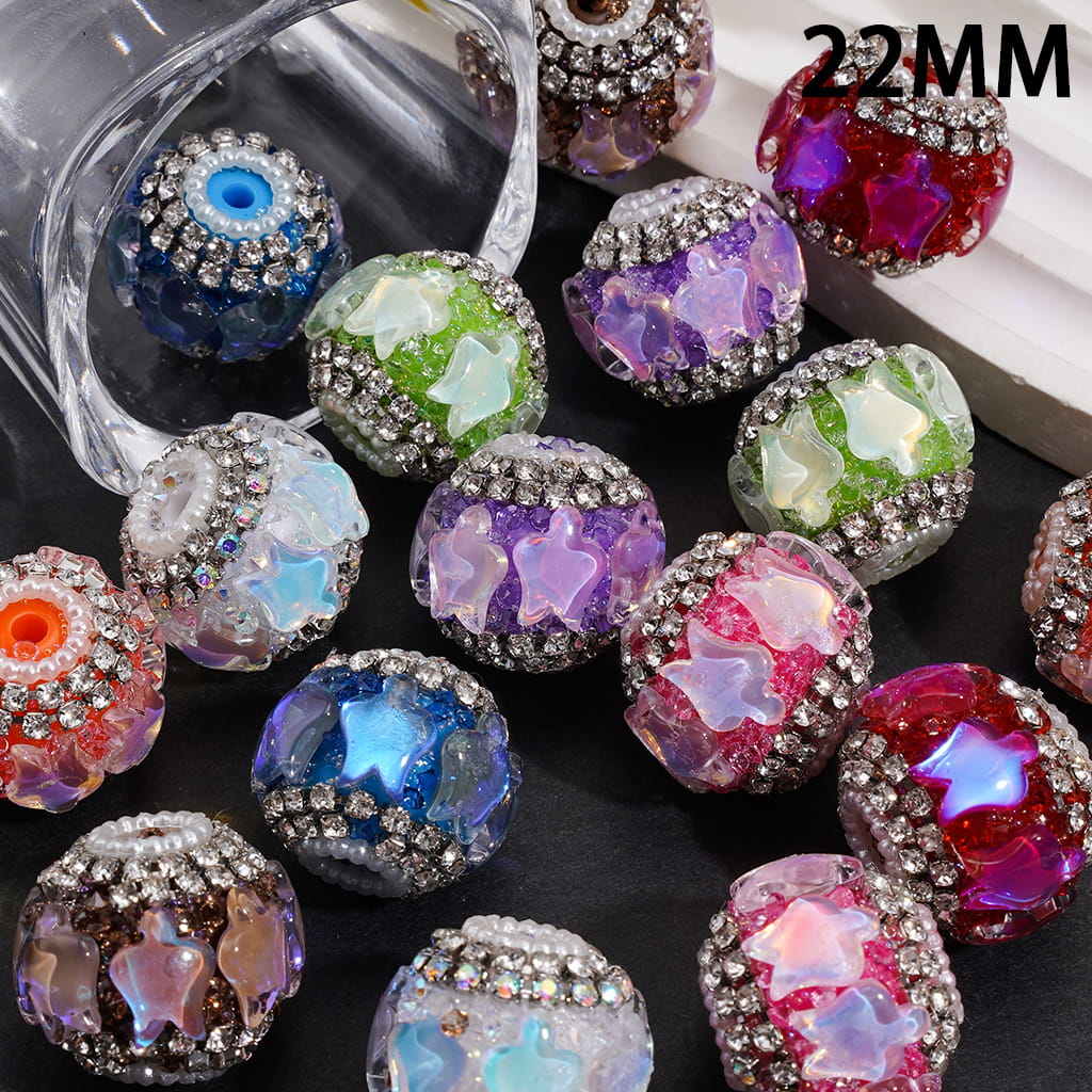 Handcrafted Acrylic Sugar Beads with Flat Tulip Bud Shaped Rhinestones, Gun Black Metal Chains w Clear Rhinestones & White Pearl Loop, 22MM, Random Mix