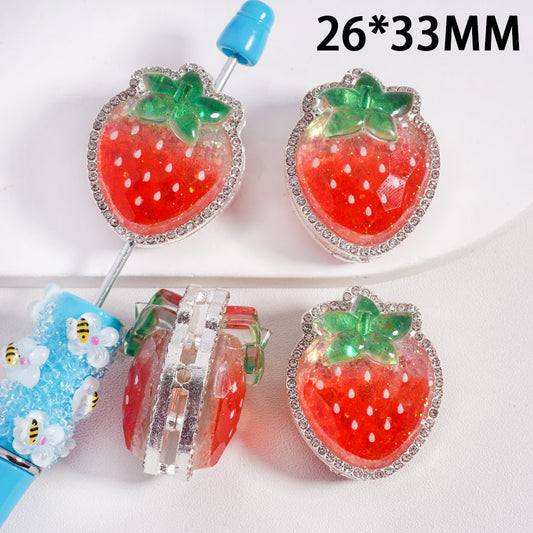 Silver Metal Beads with Glittery Strawberry Design & Clear Rhinestones, 26*33MM