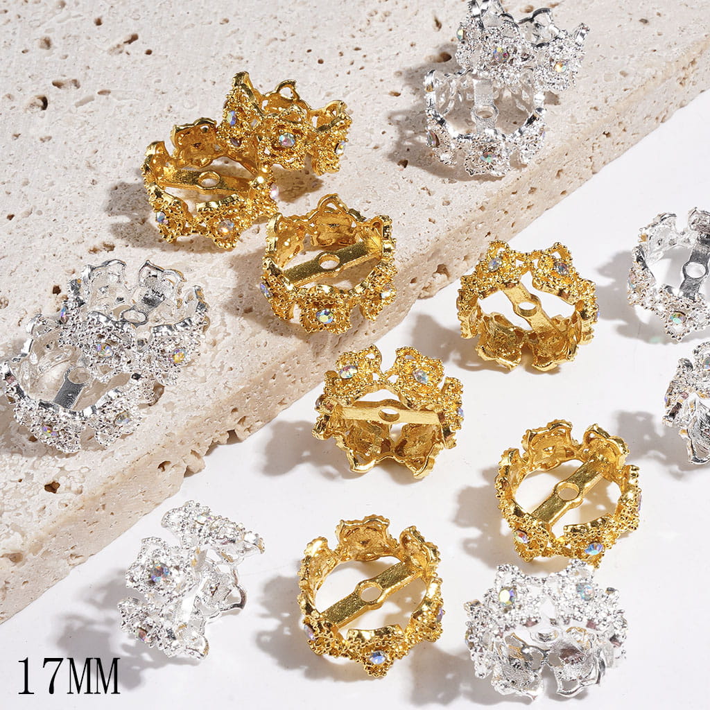 Elegant Camellia Flowers and Sparkling AB Rhinestones Crown-Shaped Alloy Bead Cap Cages, Gold and Silver, 17MM, (They Fit 16MM Beads)