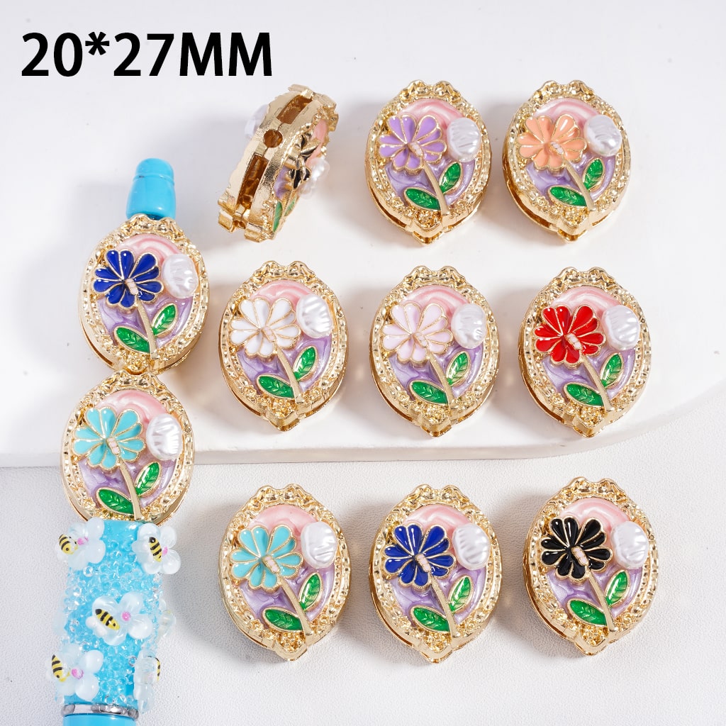 Gold Metal Beads with White Pearl Beside a Flower, Oval Shape 20*27MM