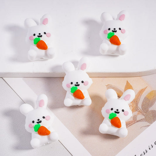 3D White Bunny Rabbit Holding Carrot in Hand Big Smile Silicone Focal Bead