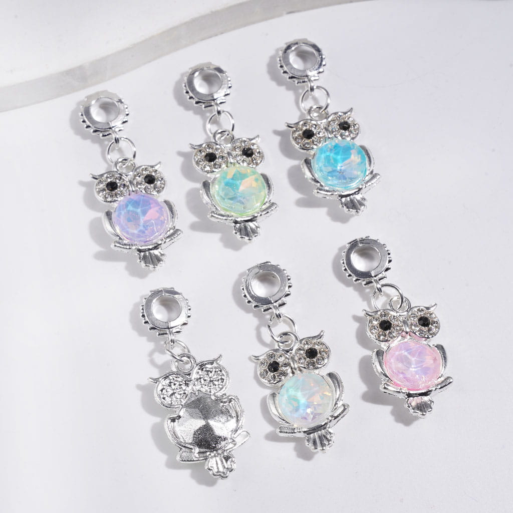Silver Bail Loop Beads, Hanging Charm Pendants Owl with Clear & Black & Big Cone Shaped Rhinestones, Jewelry Accessories, Multi-Color, Random Mix