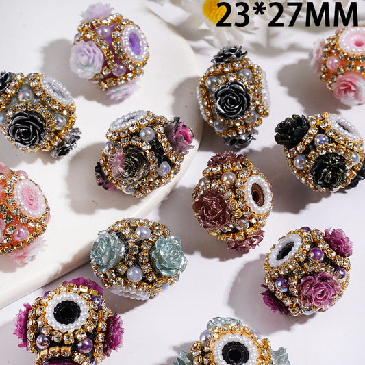 UV-Coated Elegant Rose Flower & Half-Shell Pearl with Clear Rhinestones, Handmade Acrylic Beads, 23×27MM, Multi-Color Random Mix