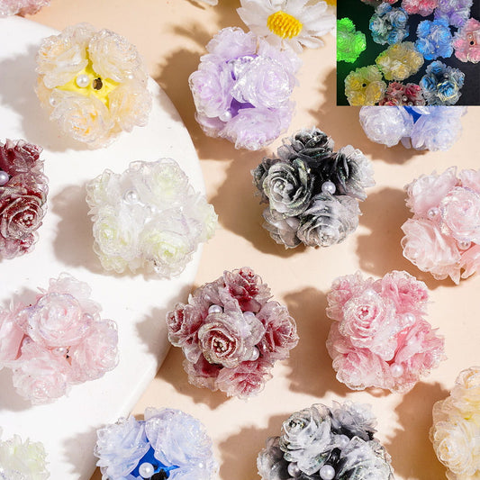 Luminous Dreamy Rose Flower Clay Beads with Glitter & White Pearl, Multi-Color Random Mix