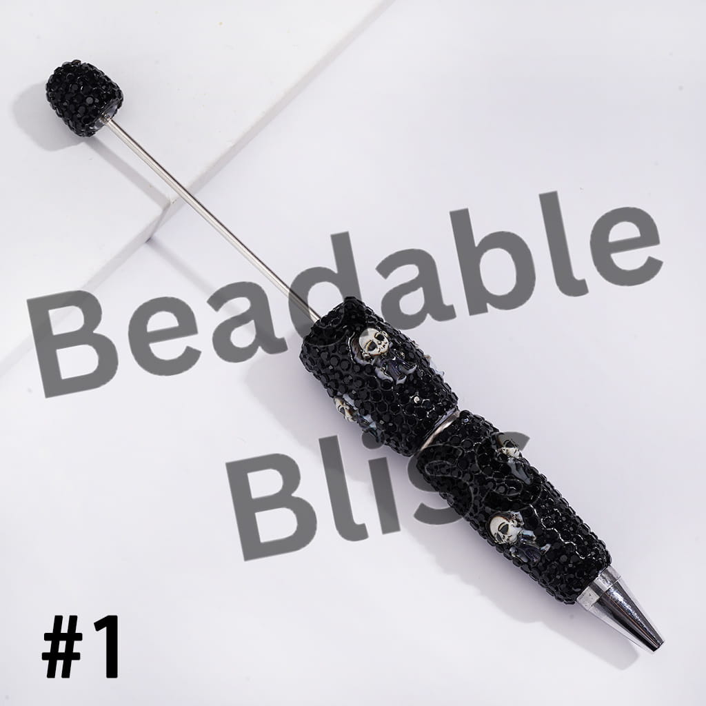 Beadable Clay Pens with Halloween Horror Character Series and Black Rhinestones Covered the Entire Pen