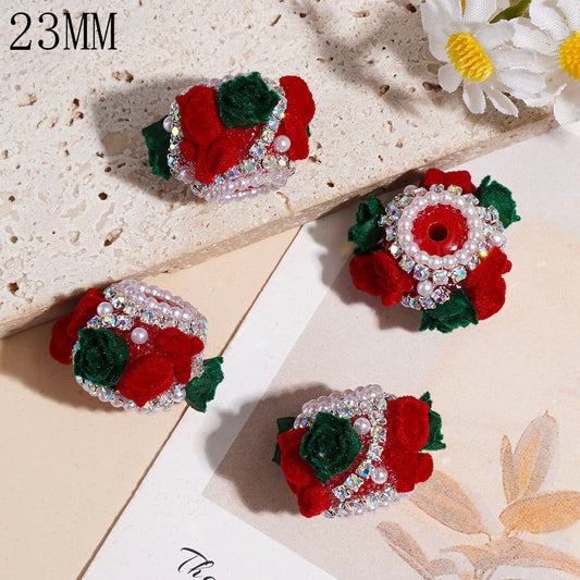 Cute Handmade Acrylic Beads w Fluffy Green & Red Rose Flower, AB Rhinestone & White Pearl Chains, 23MM