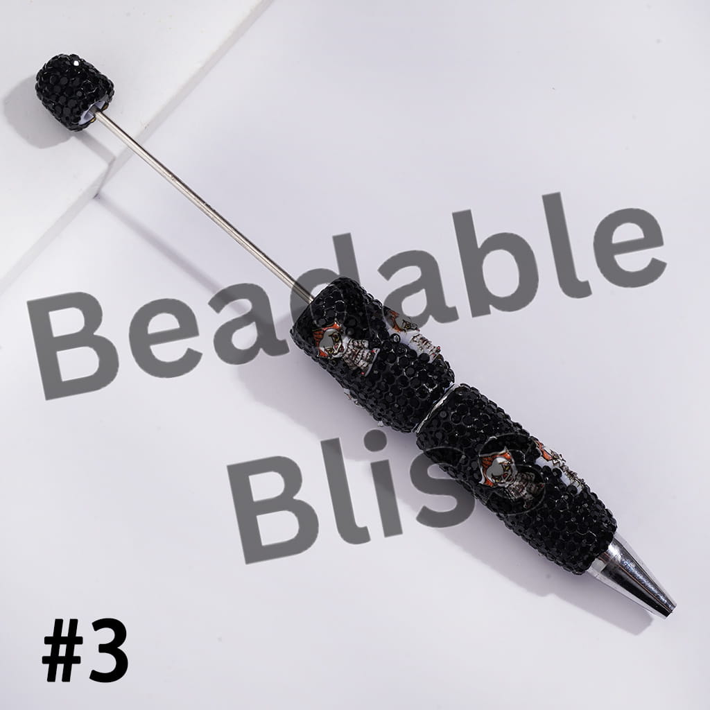 Beadable Clay Pens with Halloween Horror Character Series and Black Rhinestones Covered the Entire Pen