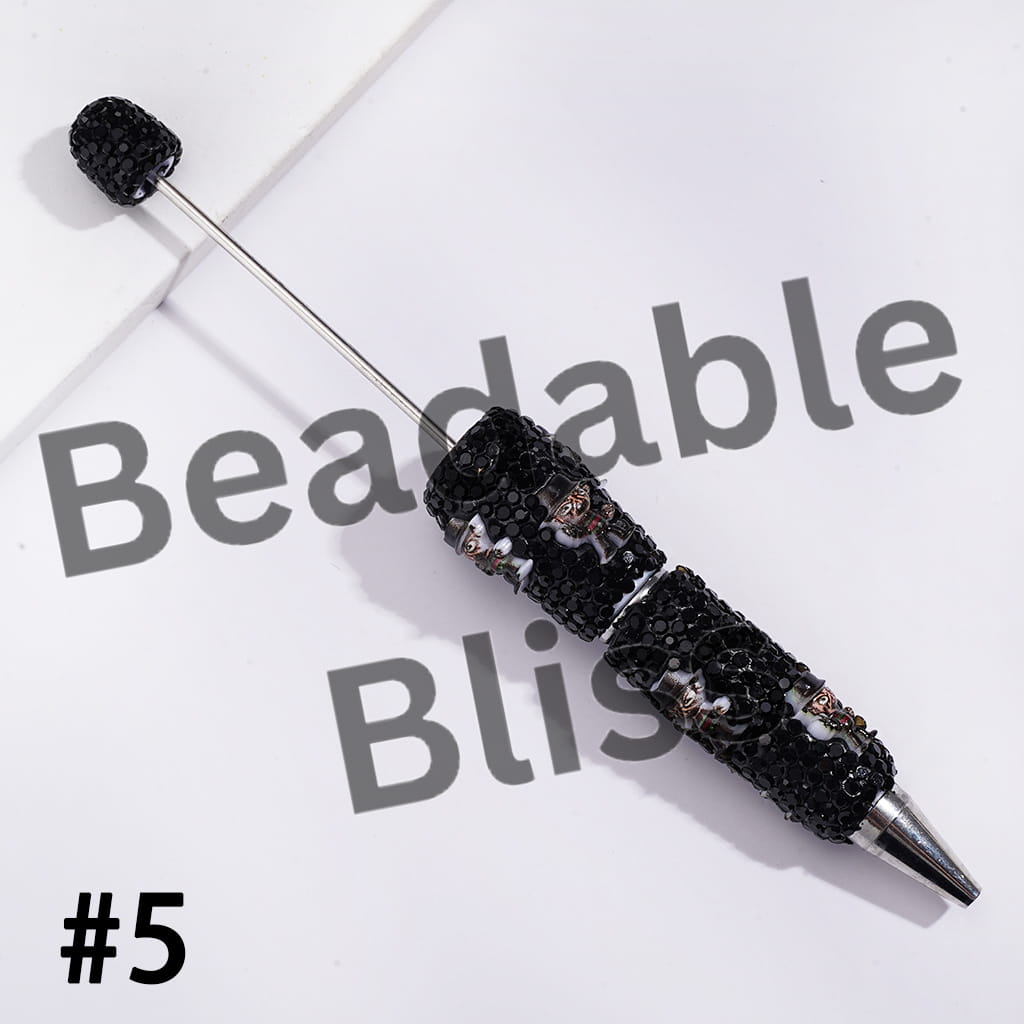 Beadable Clay Pens with Halloween Horror Character Series and Black Rhinestones Covered the Entire Pen