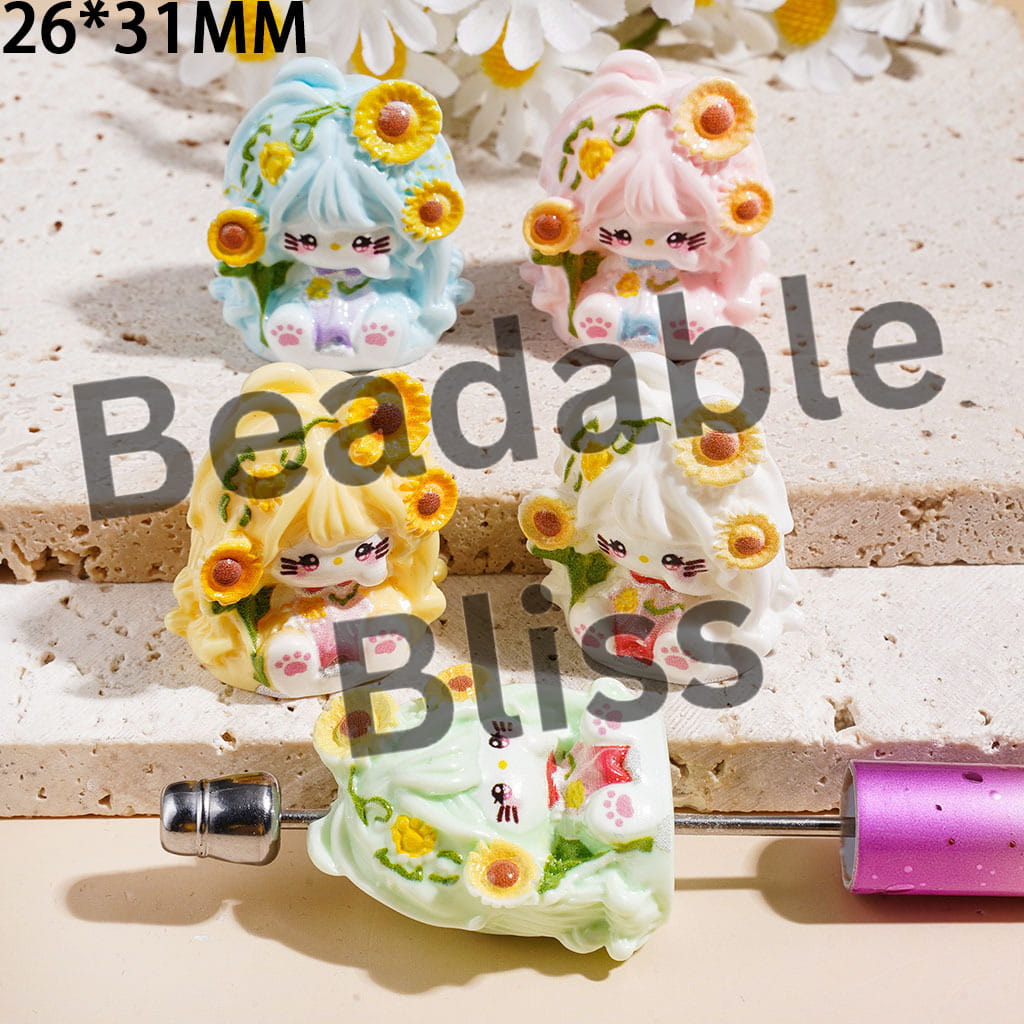 Cute Cat Character with Graceful Long Hair and Sun Flower, Acrylic Beads for Figurine and Pen Topper, 26*31MM, Random Mix