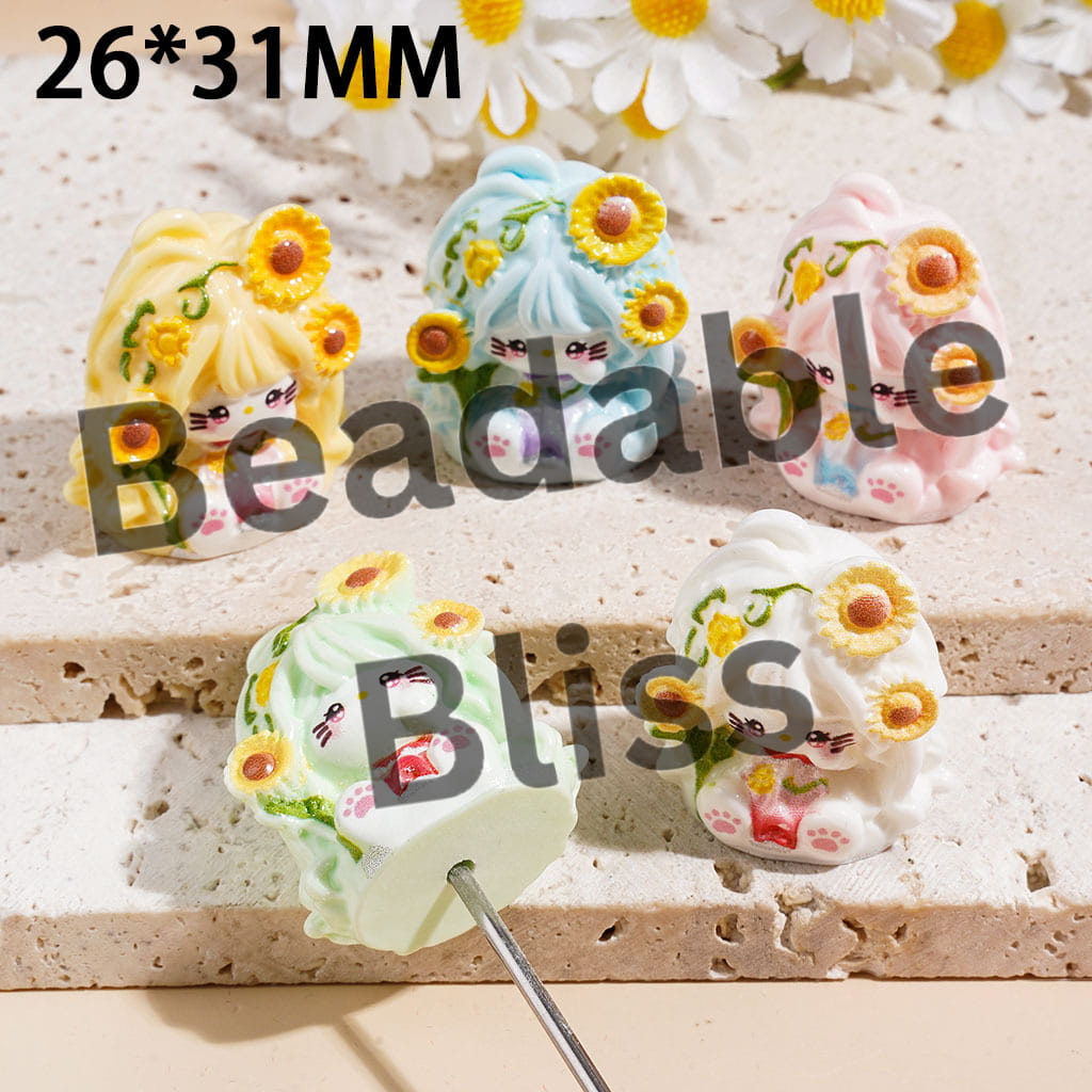 Cute Cat Character with Graceful Long Hair and Sun Flower, Acrylic Beads for Figurine and Pen Topper, 26*31MM, Random Mix