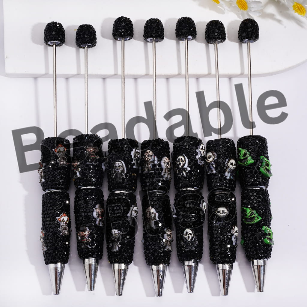 Beadable Clay Pens with Halloween Horror Character Series and Black Rhinestones Covered the Entire Pen