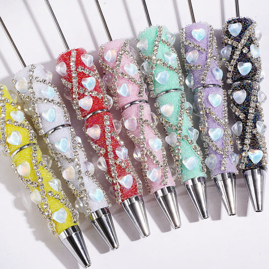 Cute Heart Design & "X" Shaped Clear Rhinestone Chain Beadable Clay Pens with Mini Iridescent Bubble Balls, Full-Covered Design, Multi-Color Random Mix
